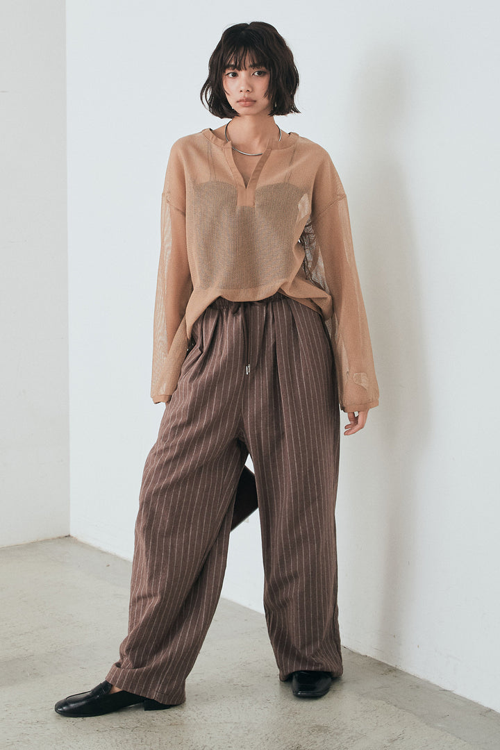 [SET]メッシュカットソースキッパープルオーバー+リネンライクストライプタックイージーパンツ(2set)
