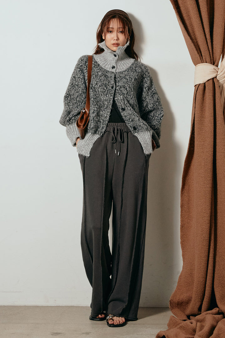 [SET]ハイネックミックスニットトップス+フロントラインデザインワイドスウェットパンツ(2set)