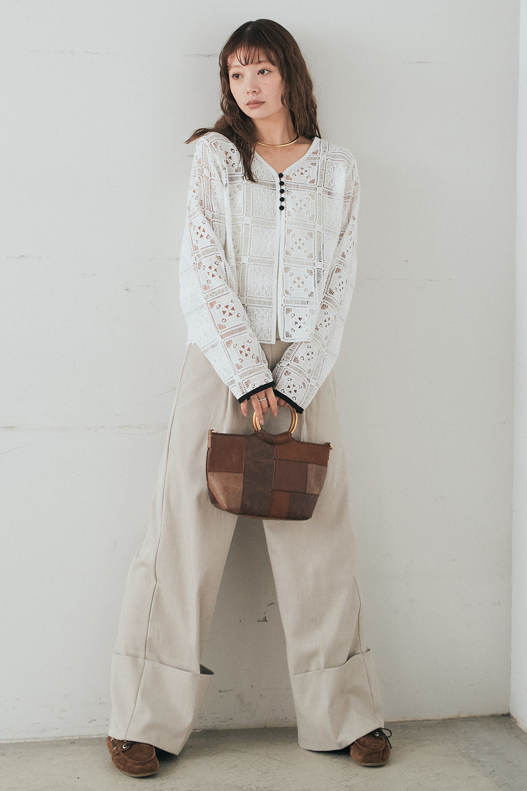 [SET]クロシェレースカーディガン+センタープレスセミワイドパンツ(2set)