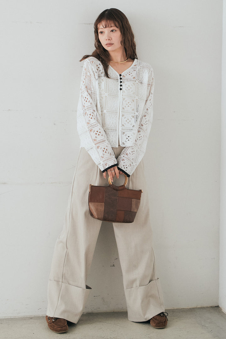 [SET]クロシェレースカーディガン+センタープレスセミワイドパンツ(2set)