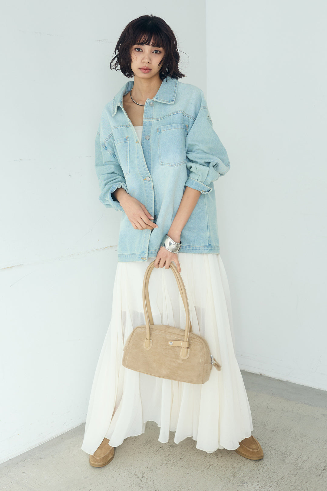 [SET]デニムオーバーサイズジャケット+シアーフリルキャミワンピース(2set)