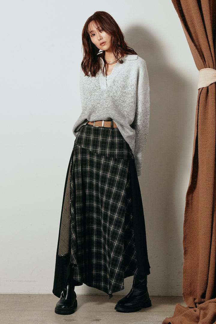 [SET]グラデーションラメニットキーネックプルオーバー+フェイクレザーベルト付き切り替えタータンチェックスカート(2set)