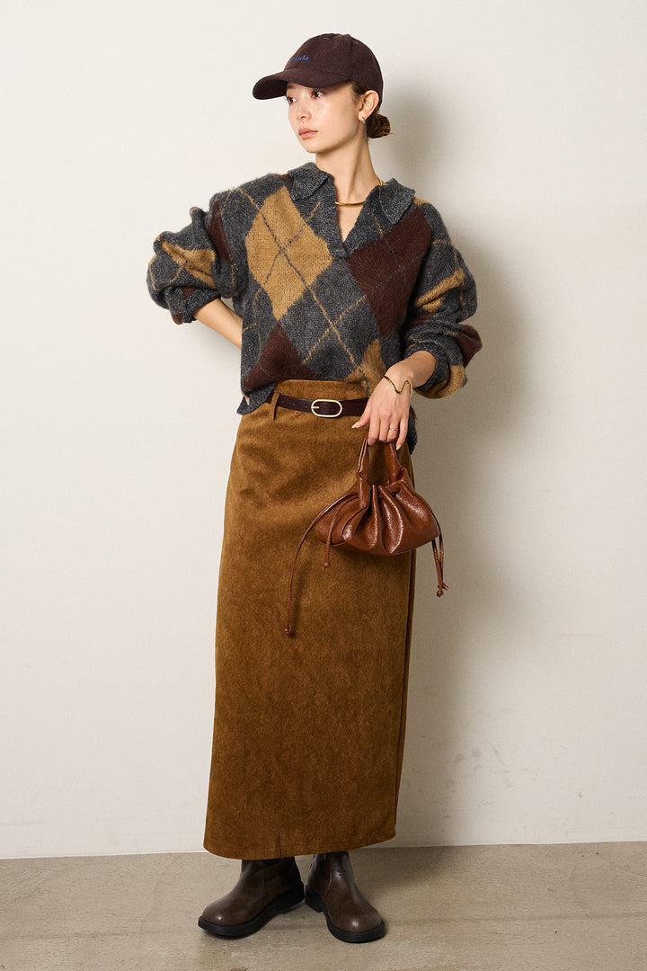 [SET]アクリルモヘアアーガイルキーネックプルオーバー+ロープベルト付きスウェード調スカート(2set)