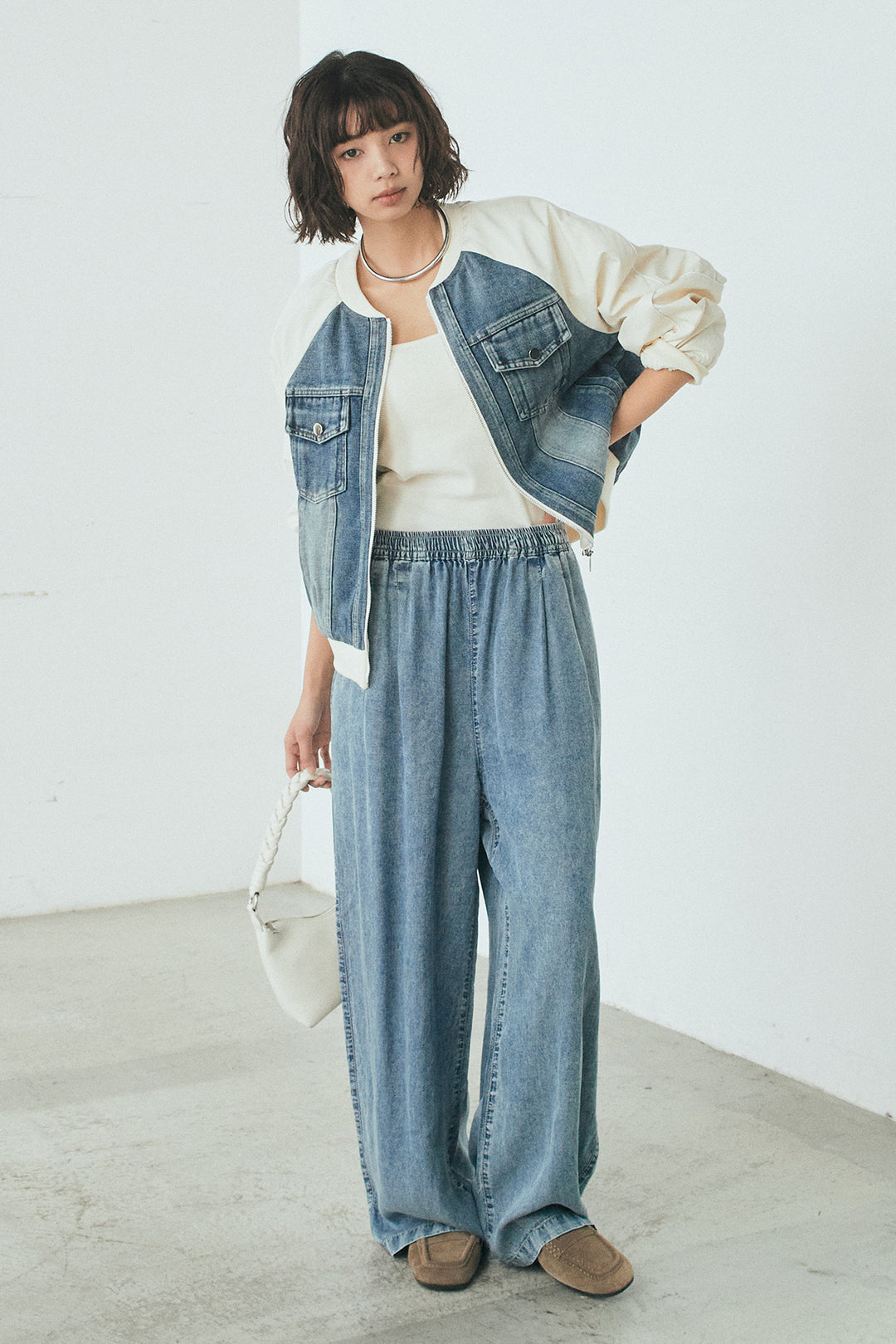 [SET]ナイロンデニムドッキングブルゾン+テンセルデニムイージーワイドパンツ(2set)