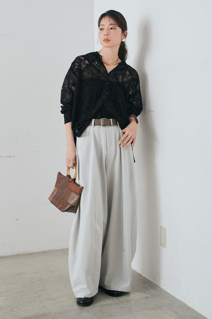 [SET]ブロックレースフード付きブラウス+ベルト付きサイドタックワイドパンツ(2set)