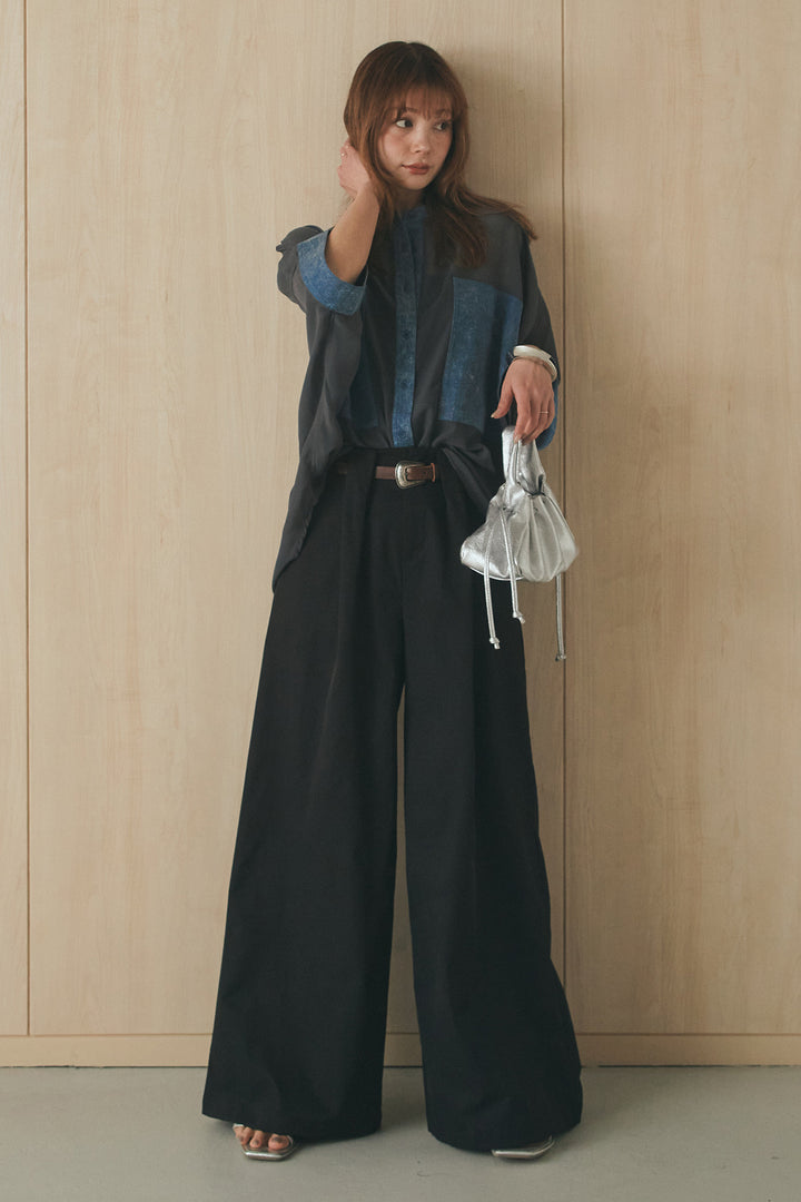 [SET]デニムライクビッグツーポケシアーシャツ+ベルトループデザインハイウエストタックパンツ(2set)