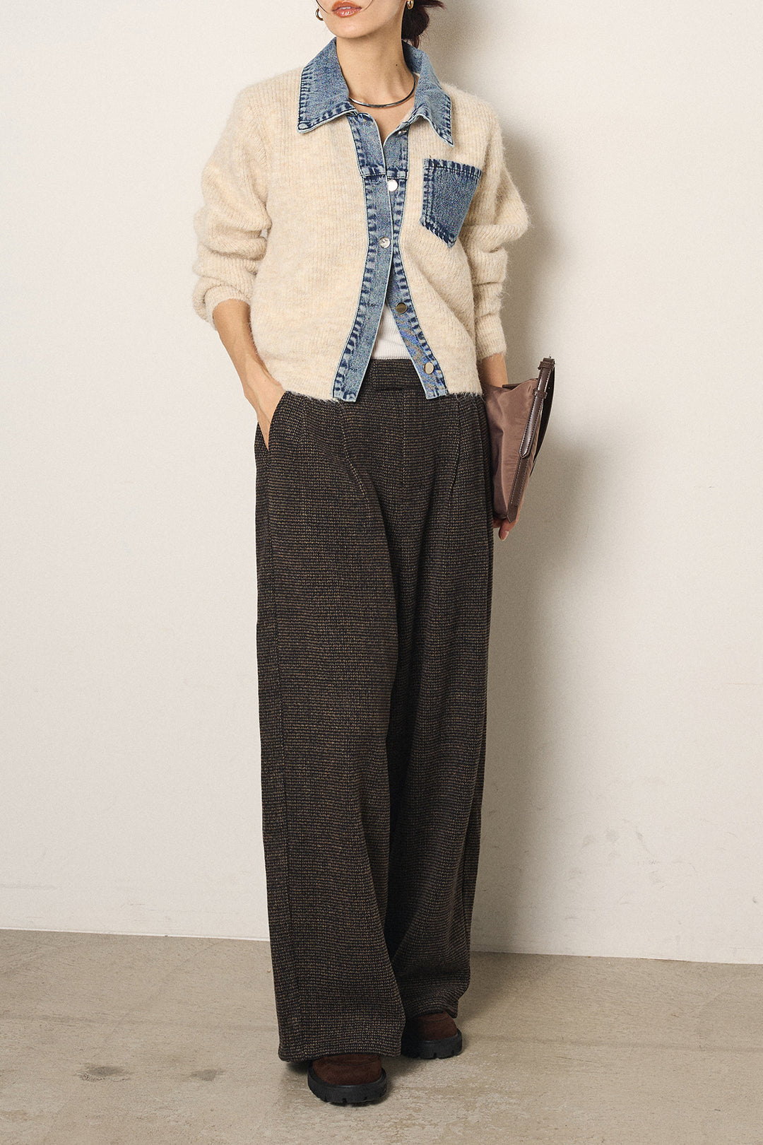[SET]襟付きデニム切替ニットカーディガン+起毛タック入りツイードワイドパンツ(2set)