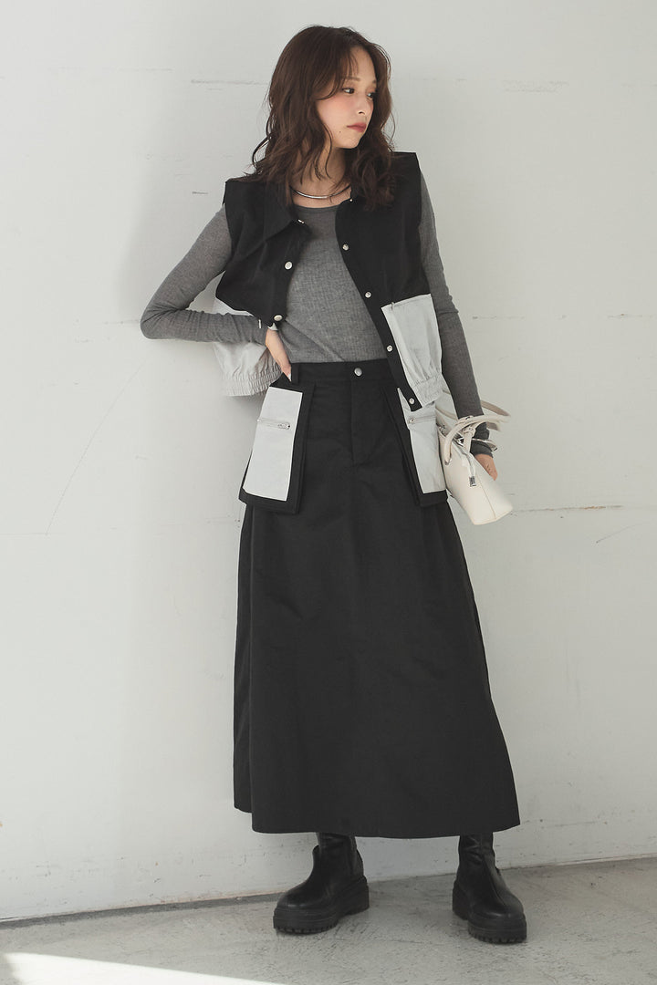 [SET]襟付きナイロンベスト+サイドデザインナイロンスカート+リブシアークルーネック長袖トップス(3set)