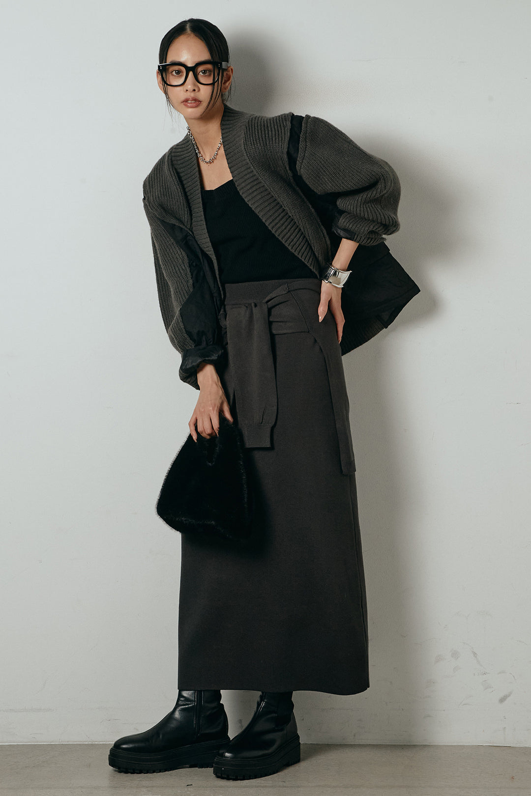 [SET]キルティング切り替えニットカーディガン+ウエストラップ巻きニットスカート(2set)