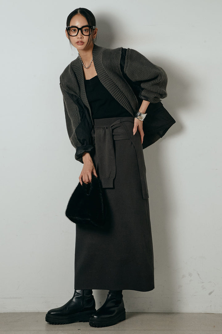 [SET]キルティング切り替えニットカーディガン+ウエストラップ巻きニットスカート(2set)