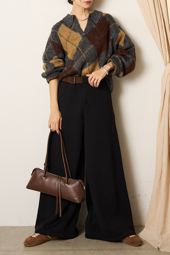 [SET]アクリルモヘアアーガイルキーネックプルオーバー+サイドベルトパンツ(2set)