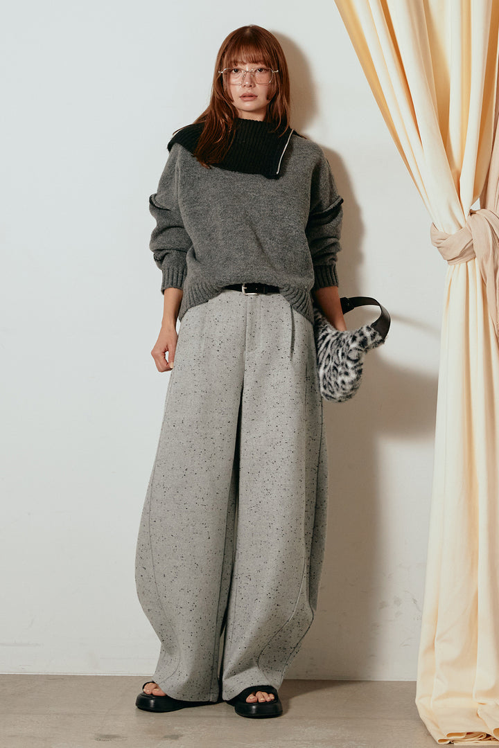 [SET]ハイネックジップデザインニットトップス+ベルト付きネップツイードカーブパンツ(2set)
