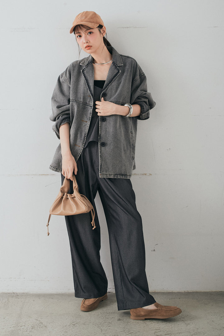 [SET]オーバーデニムジャケット+デニムライクツイルタックパンツ+デニムライクツイルティアードキャミソール(3set)