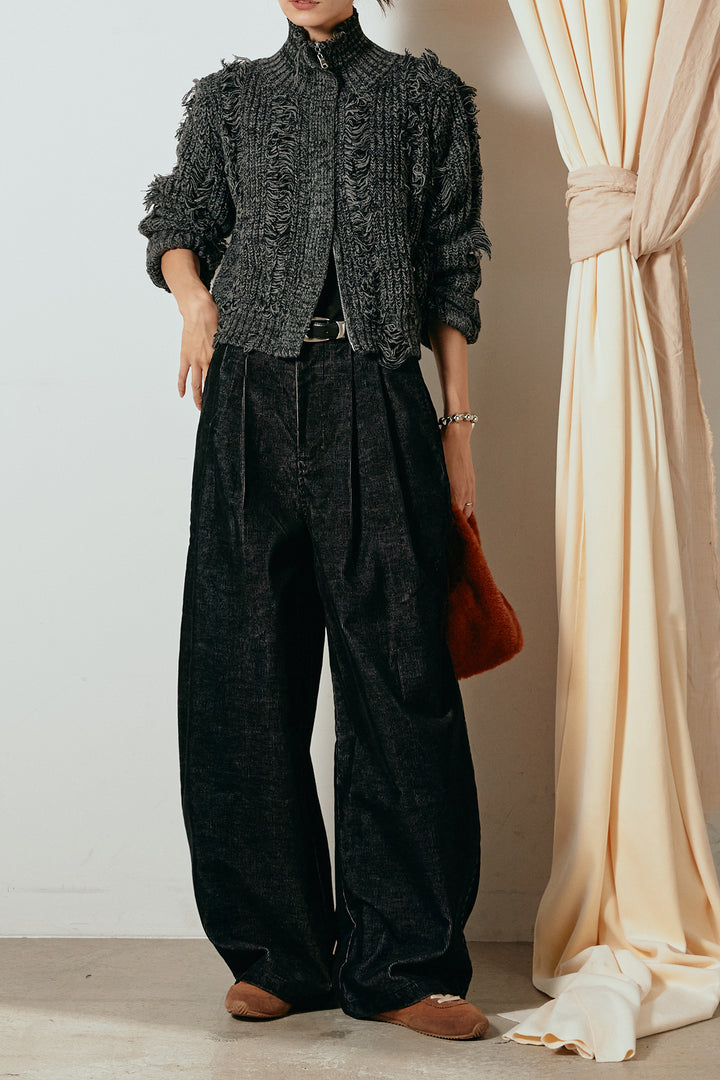 [SET]ハイネックフリンジジップニットトップス+フロントタック入りコーデュロイパンツ(2set)