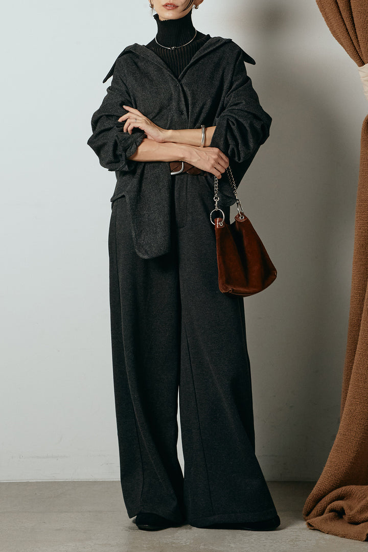 [SET]裾アシンメトリーデザインシャツ+編みベルト付きワイドパンツ+リブニットシームレスタートルプルオーバー(3set)