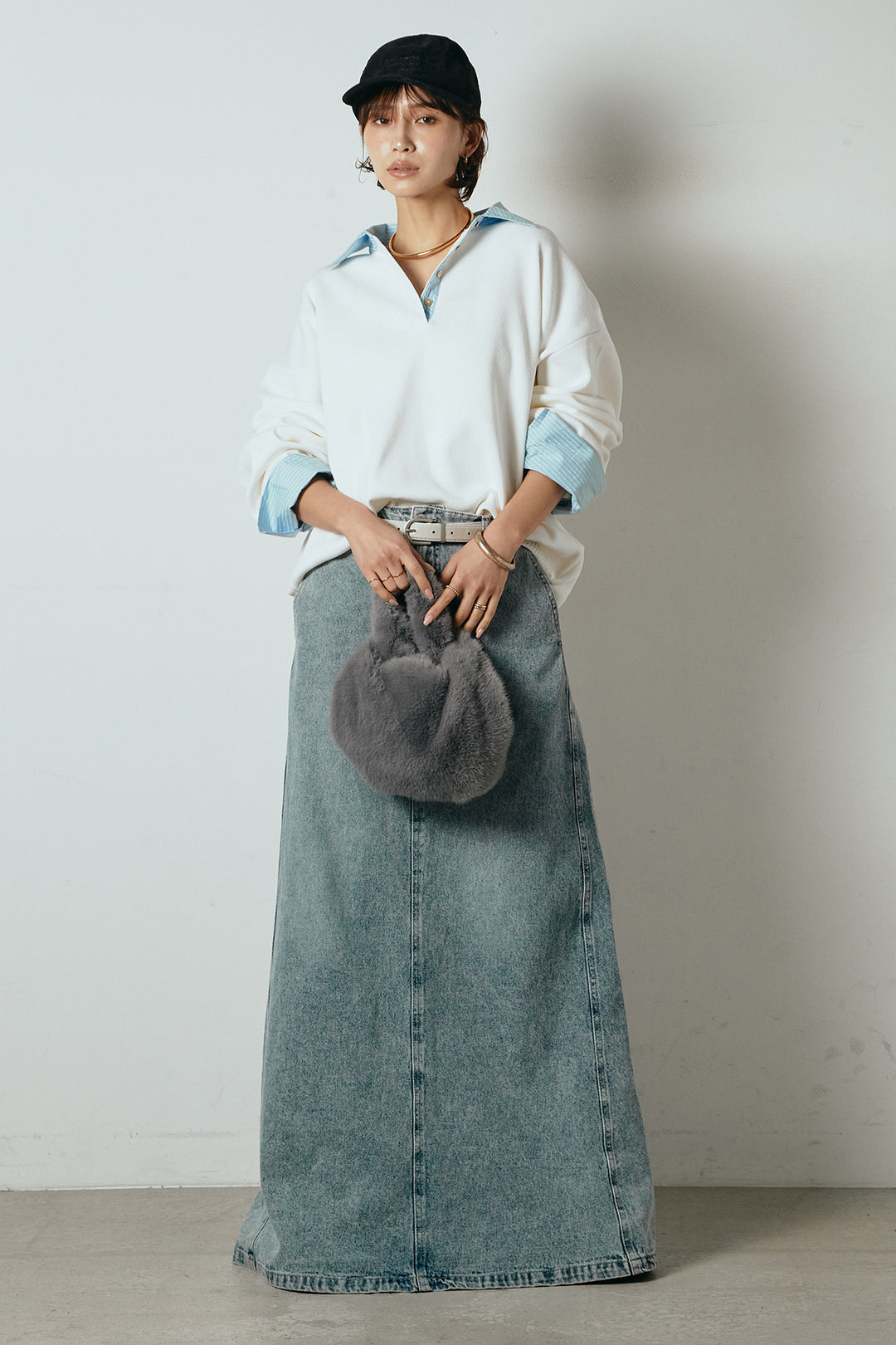 [SET]ストライプシャツドッキングポロトップス+デニムロングフレアスカート(2set)