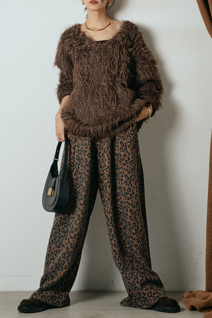 [SET]深Vネックシャギーニットトップス+リラックスレオパード柄ワイドパンツ(2set)