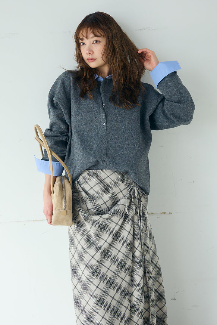 [SET]シャツレイヤード風カーディガン+タータンチェック柄フロントデザインスカート(2set)