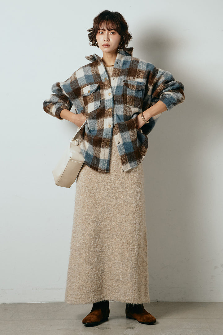 [SET]起毛チェック柄ポケットアウター+起毛ノースリーブニットロングワンピース(2set)