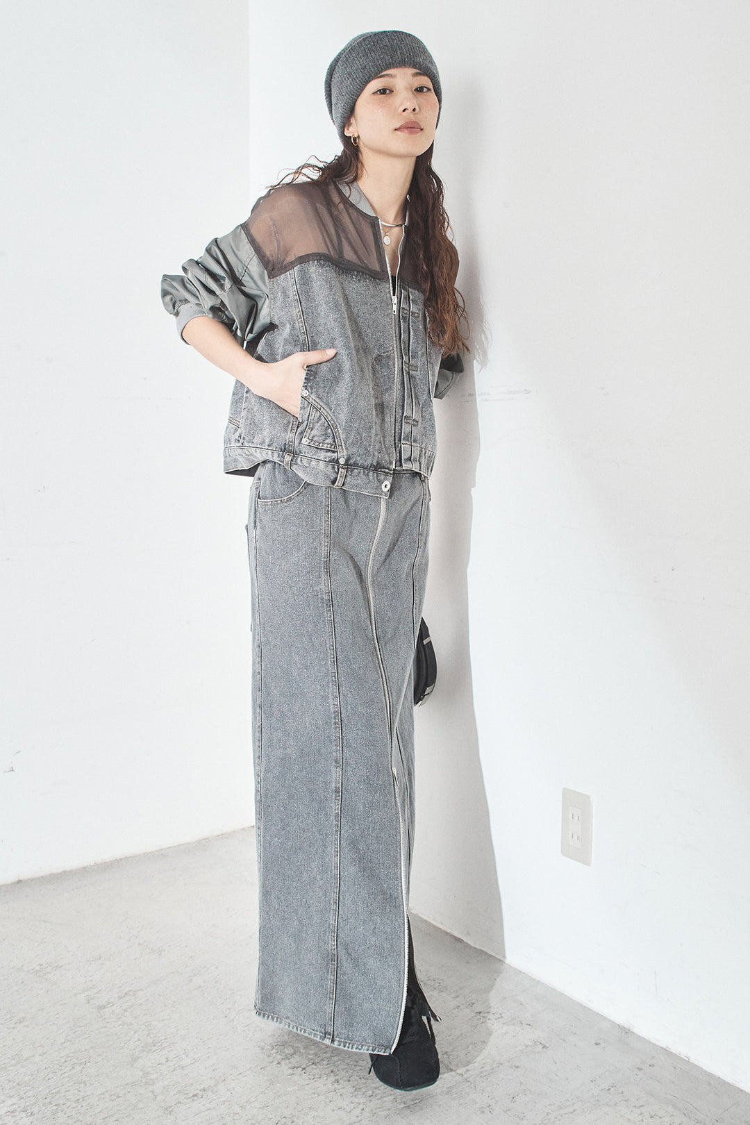 [SET]デニムコンビネーションブルゾン+フロントジップデニムスカート(2set)