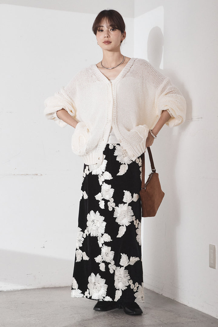 [SET]コード刺繍リラックスニットカーディガン+フラワー刺繍ワイドスカート(2set)