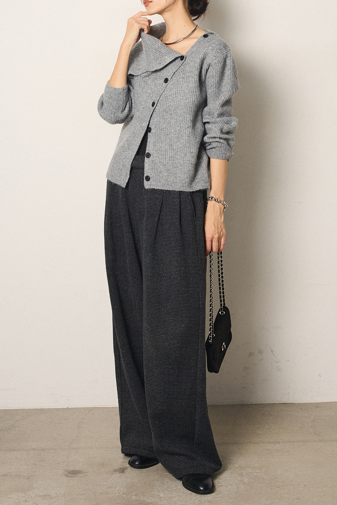 [SET]ボタンデザインネックニットプルオーバー+起毛タック入りツイードワイドパンツ(2set)