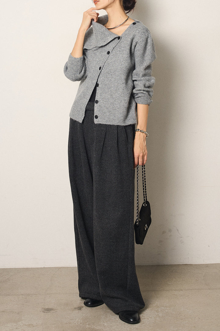 [SET]ボタンデザインネックニットプルオーバー+起毛タック入りツイードワイドパンツ(2set)