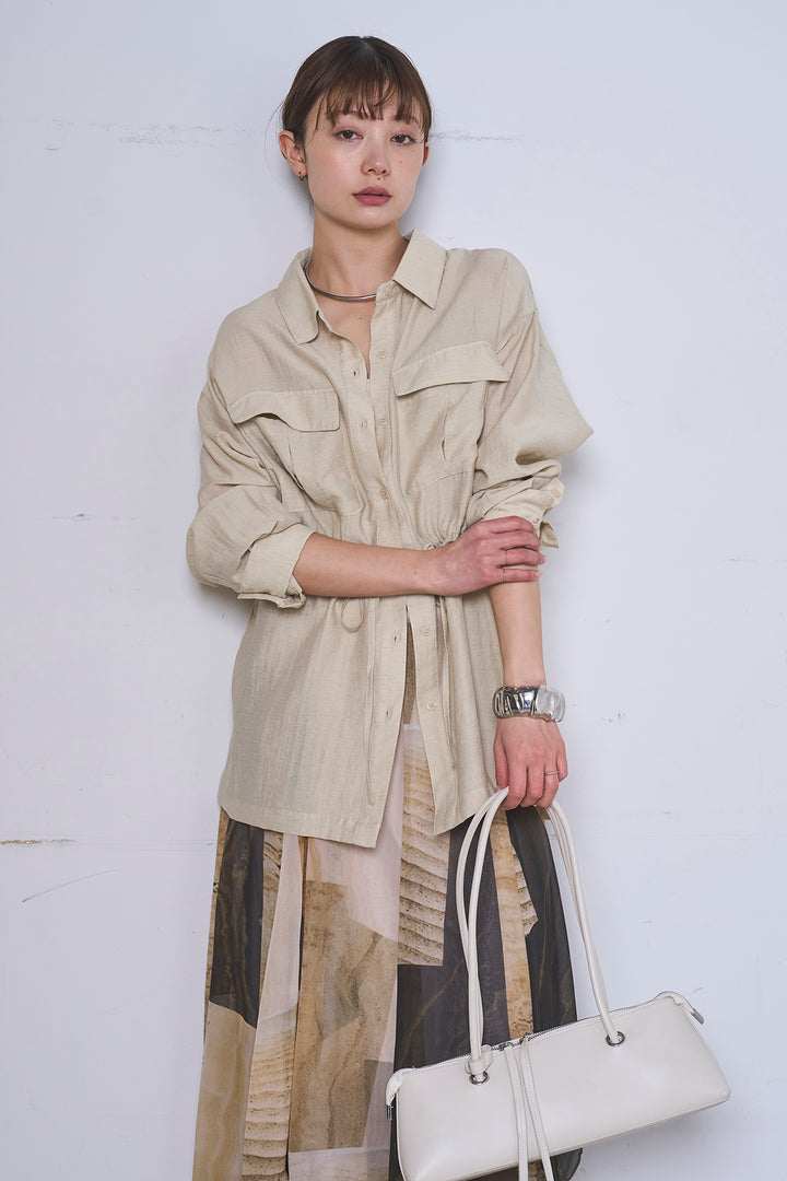 [SET]リネンブレンドシアーサファリシャツ+アートペイント柄スカート(2set)