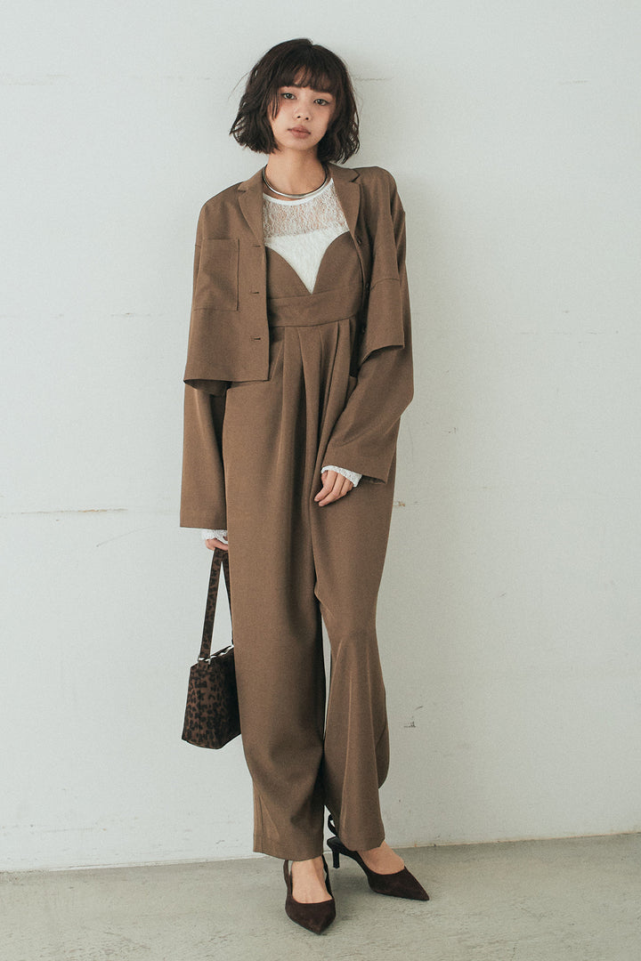 [SET]バックジップデザインショートツイルジャケット+キャミロングオールインワン(2set)