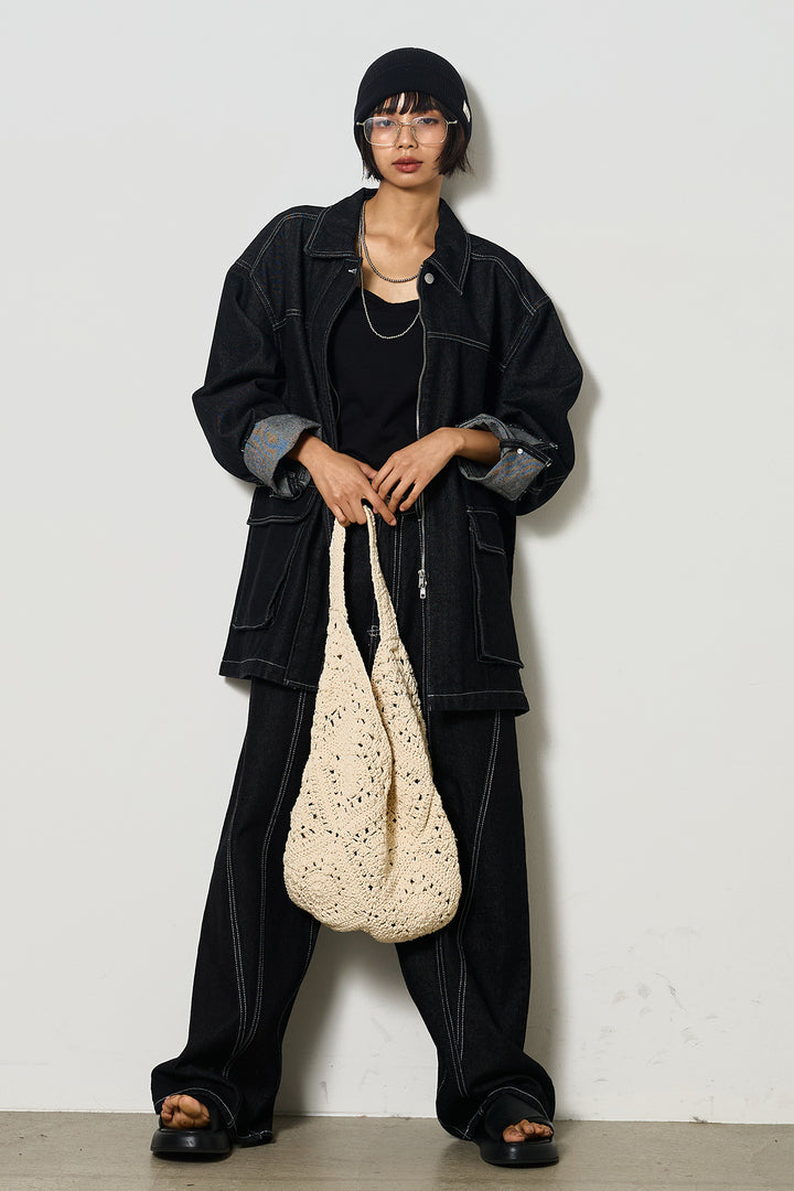 【即納】ステッチデザインデニムジップジャケット