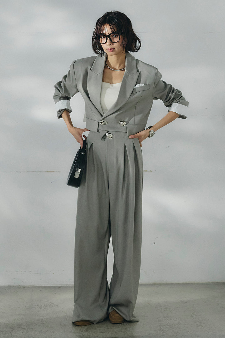 [SET]メタルプレートショート丈ジャケット+メタルプレートタックワイドパンツ(2set)