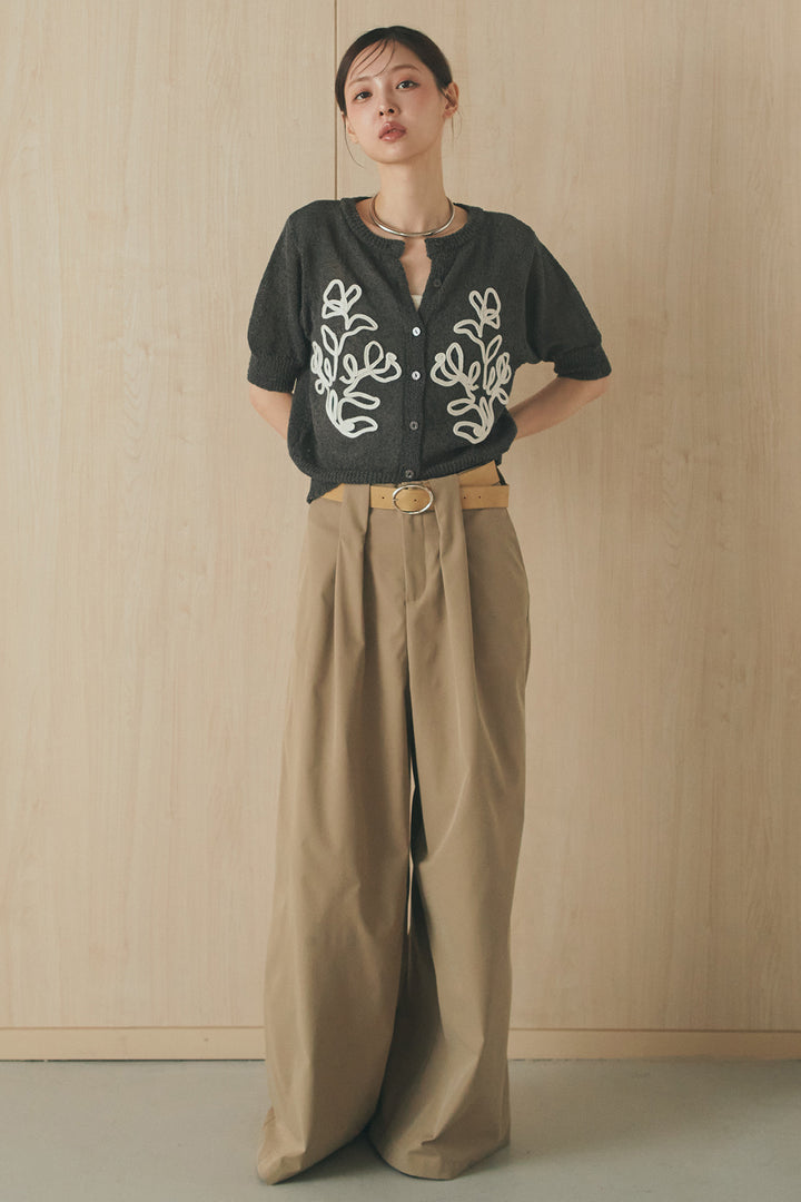 [SET]フロントテープデザイン半袖カーディガン+ベルトループデザインハイウエストタックパンツ(2set)