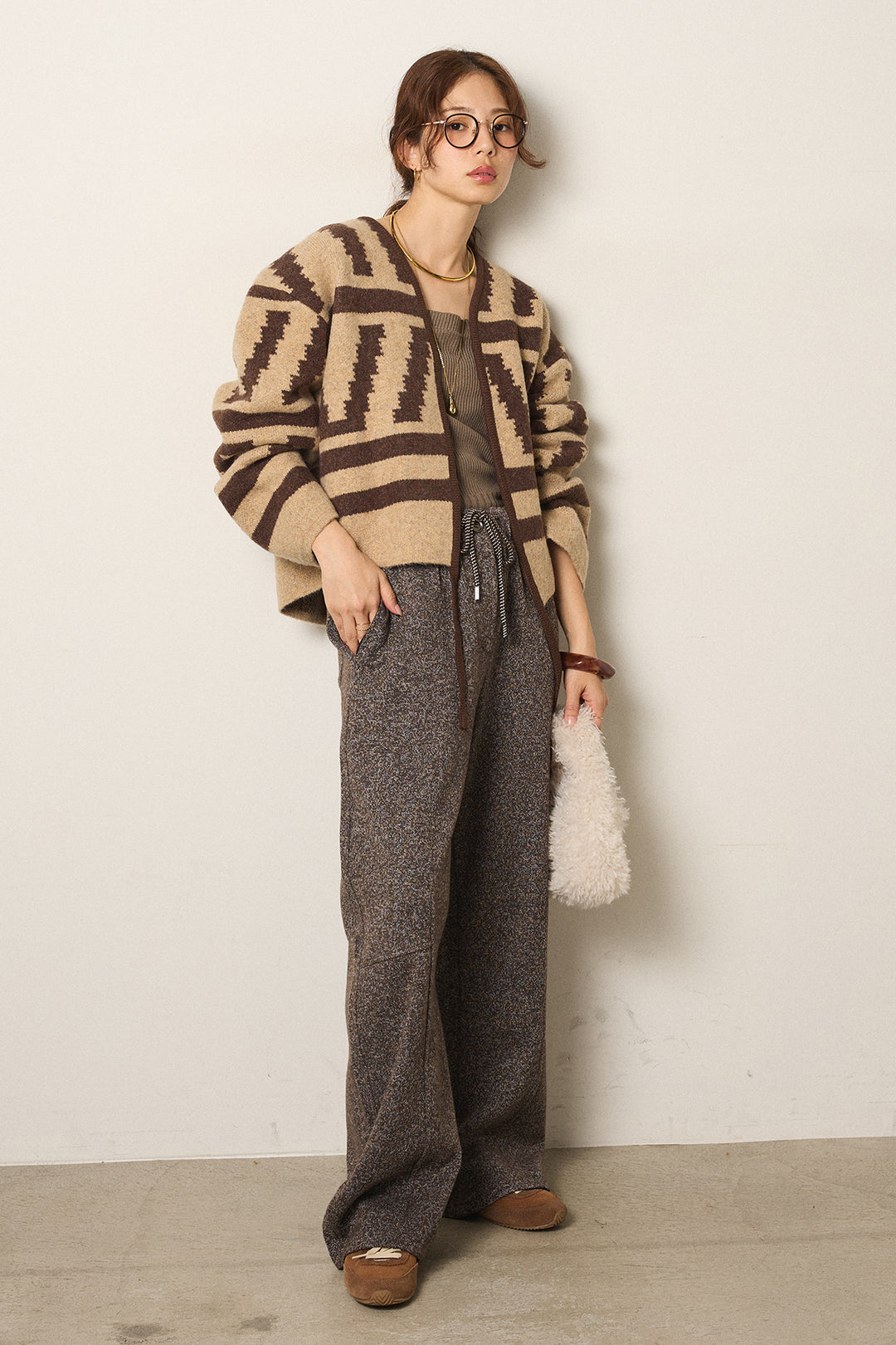 [SET]幾何学柄ノーカラーカーディガン+杢ニットフレアパンツ(2set)