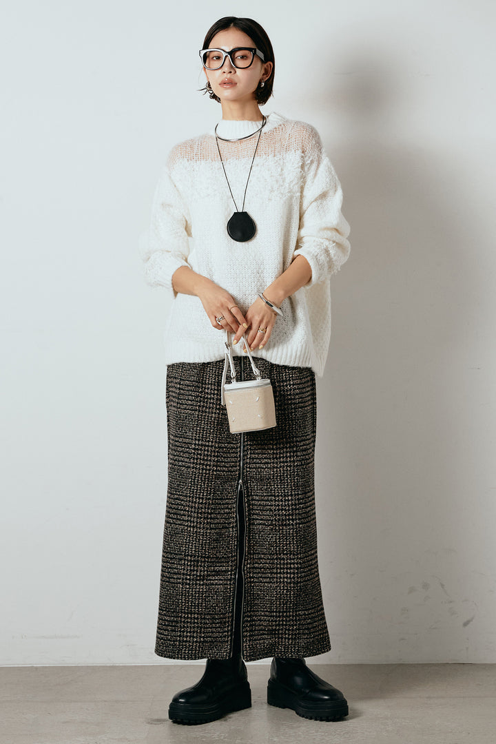 [SET]パターンランダム編みニットトップス+グレンチェック柄フロントジップタイトスカート(2set)