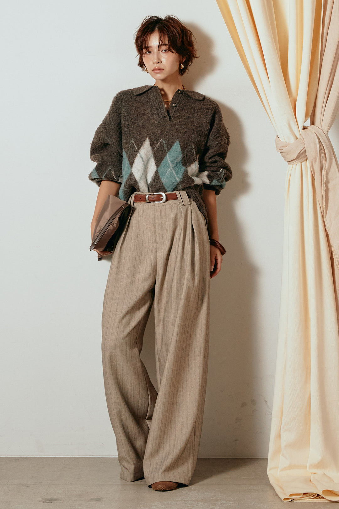 [SET]アーガイル柄ポロニットトップス+ストライプヘリンボーンパンツ(2set)