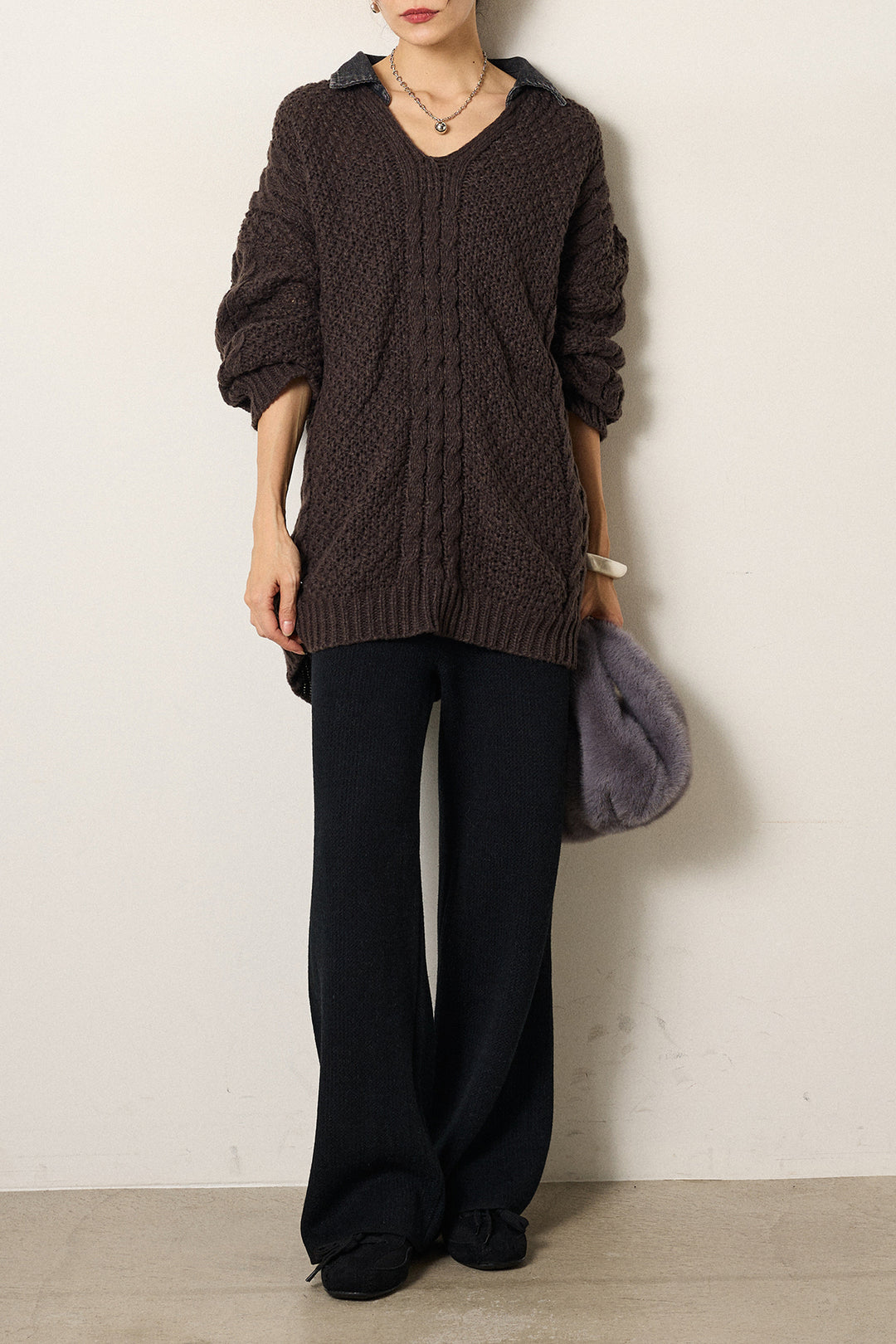 [SET]デニムカラーケーブルオーバーニット+ワイドリブニットイージーパンツ(2set)