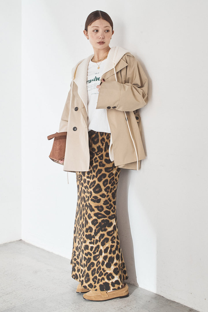 [SET]ナイロントレンチコート+レオパードサテンナロースカート(2set)