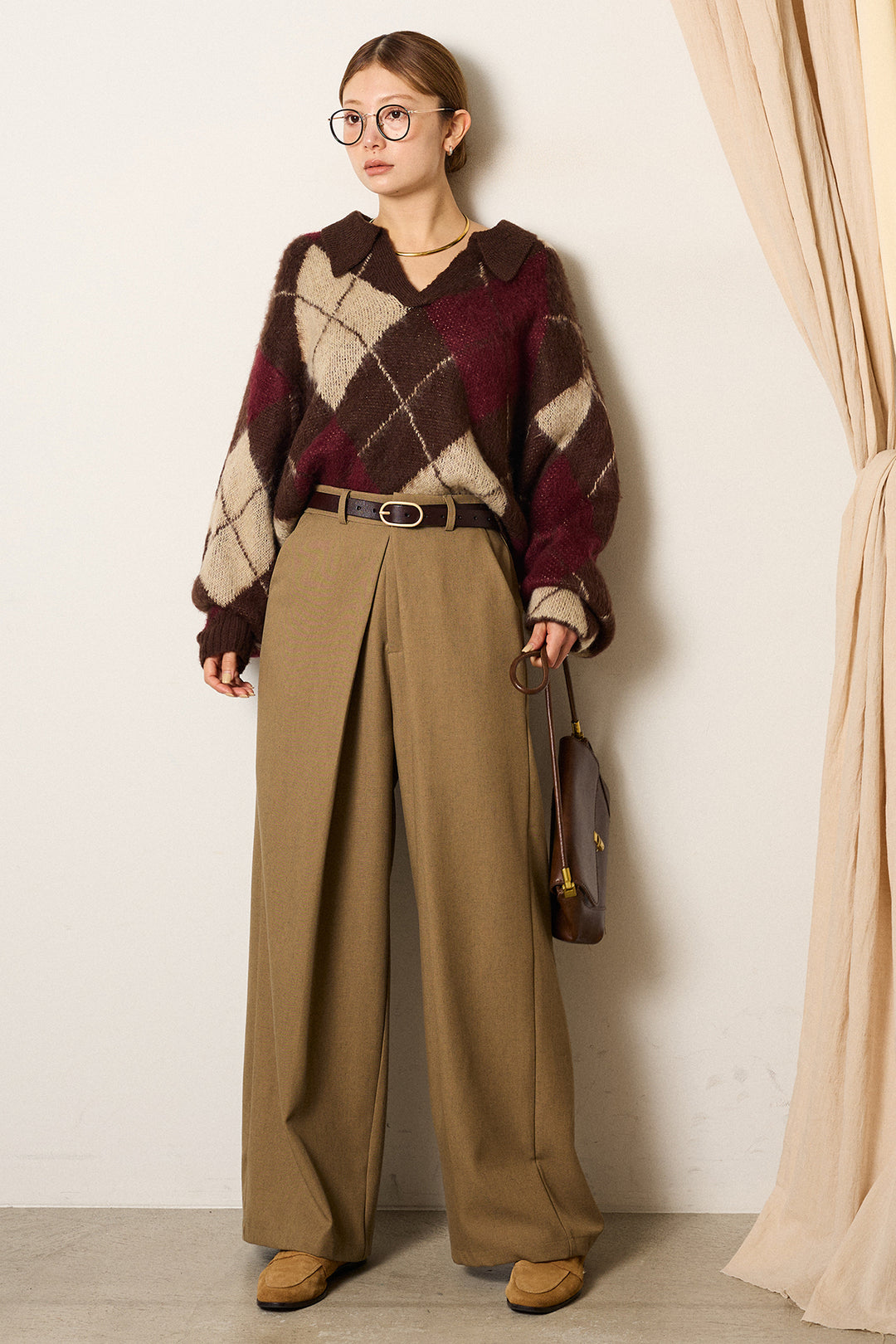 [SET]アクリルモヘアアーガイルキーネックプルオーバー+フロントワイドタックネップ入ワイドパンツ(2set)