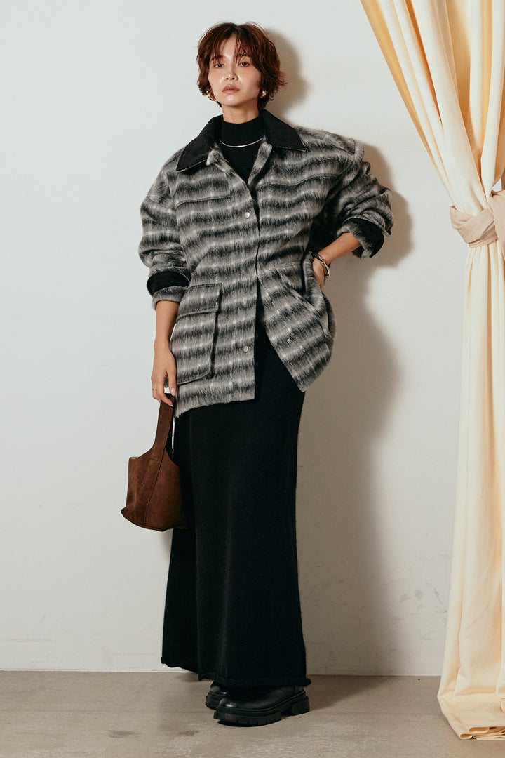 [SET]チェックシャギーミドルカバーオール+ノースリーブニットロングワンピース(2set)