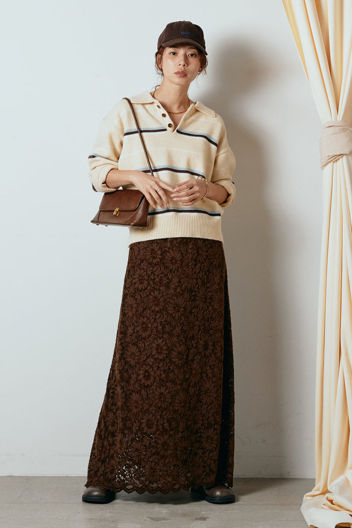 [SET]襟付きマルチボーダーニットポロトップス+花柄刺繍ベロアフレアスカート(2set)