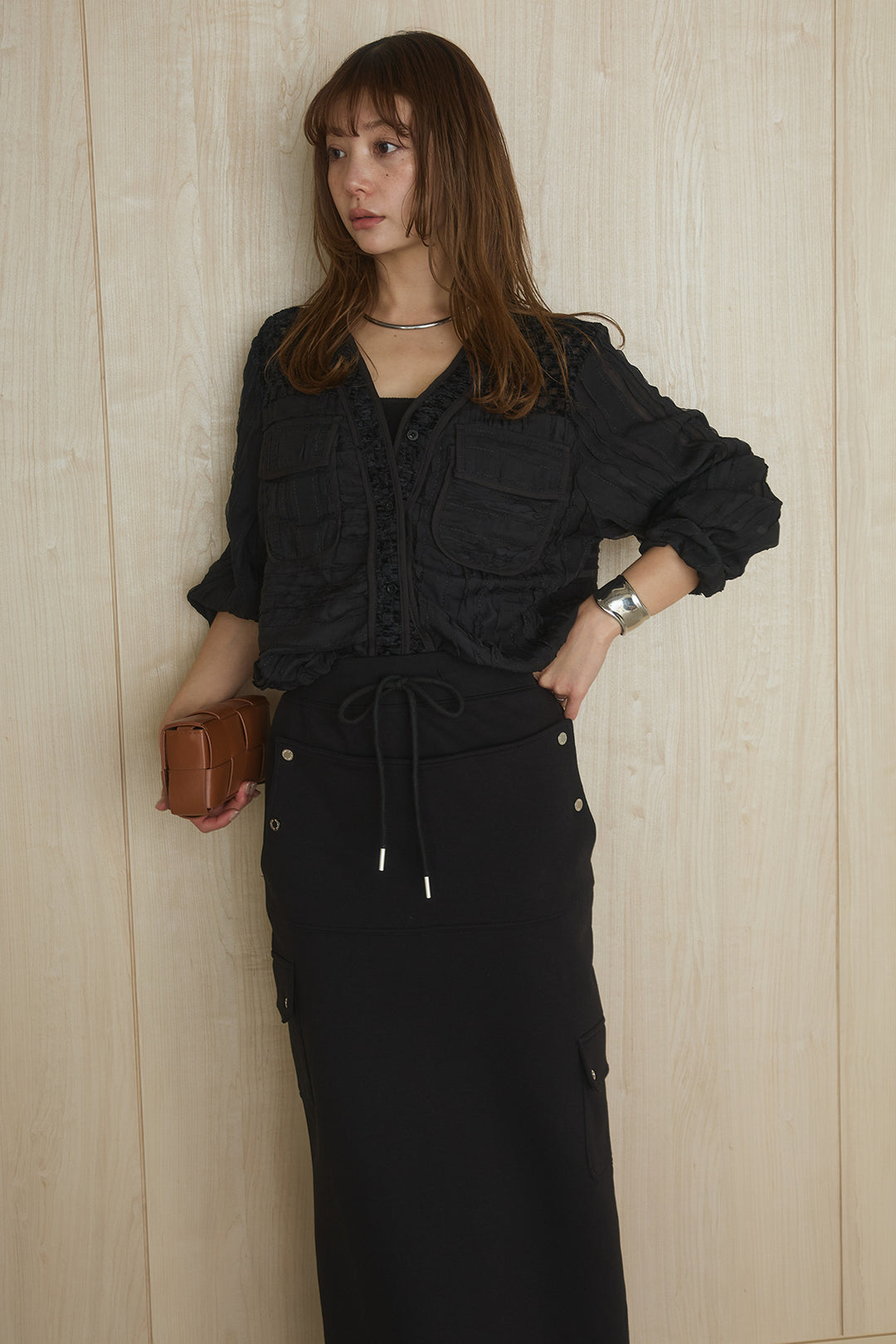 [SET]異素材切替シアーメッシュカーディガン+ドットボタン付きカットタイトスカート(2set)