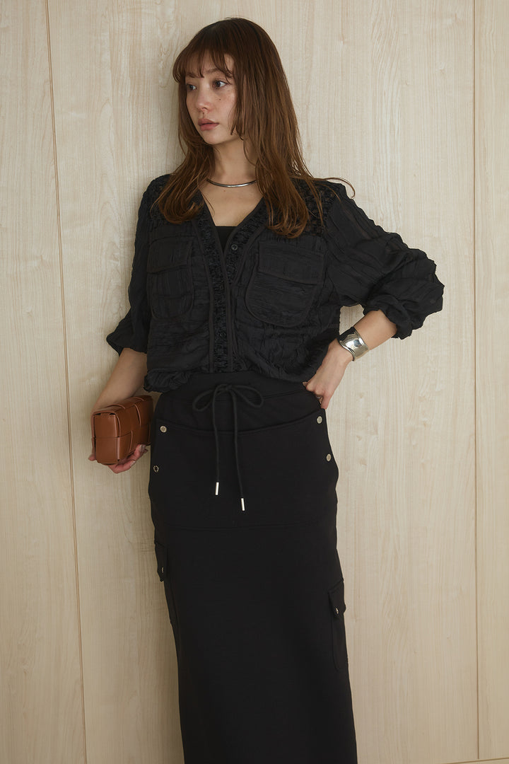 [SET]異素材切替シアーメッシュカーディガン+ドットボタン付きカットタイトスカート(2set)