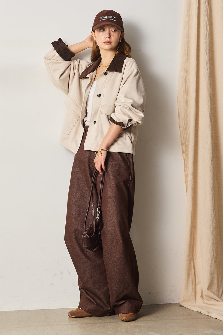 [SET]襟コーデュロイスウェードジャケット+デザインワイドデニムパンツ(2set)