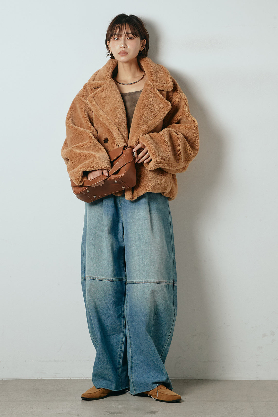 【2月中旬発送】
[SET]テディボアショートジャケット+加工デニムタックコクーンワイドパンツ(2set)