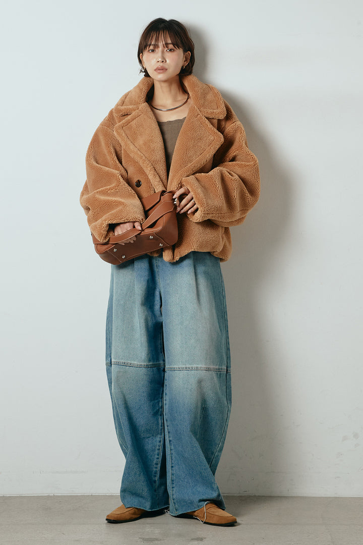 【2月中旬発送】
[SET]テディボアショートジャケット+加工デニムタックコクーンワイドパンツ(2set)