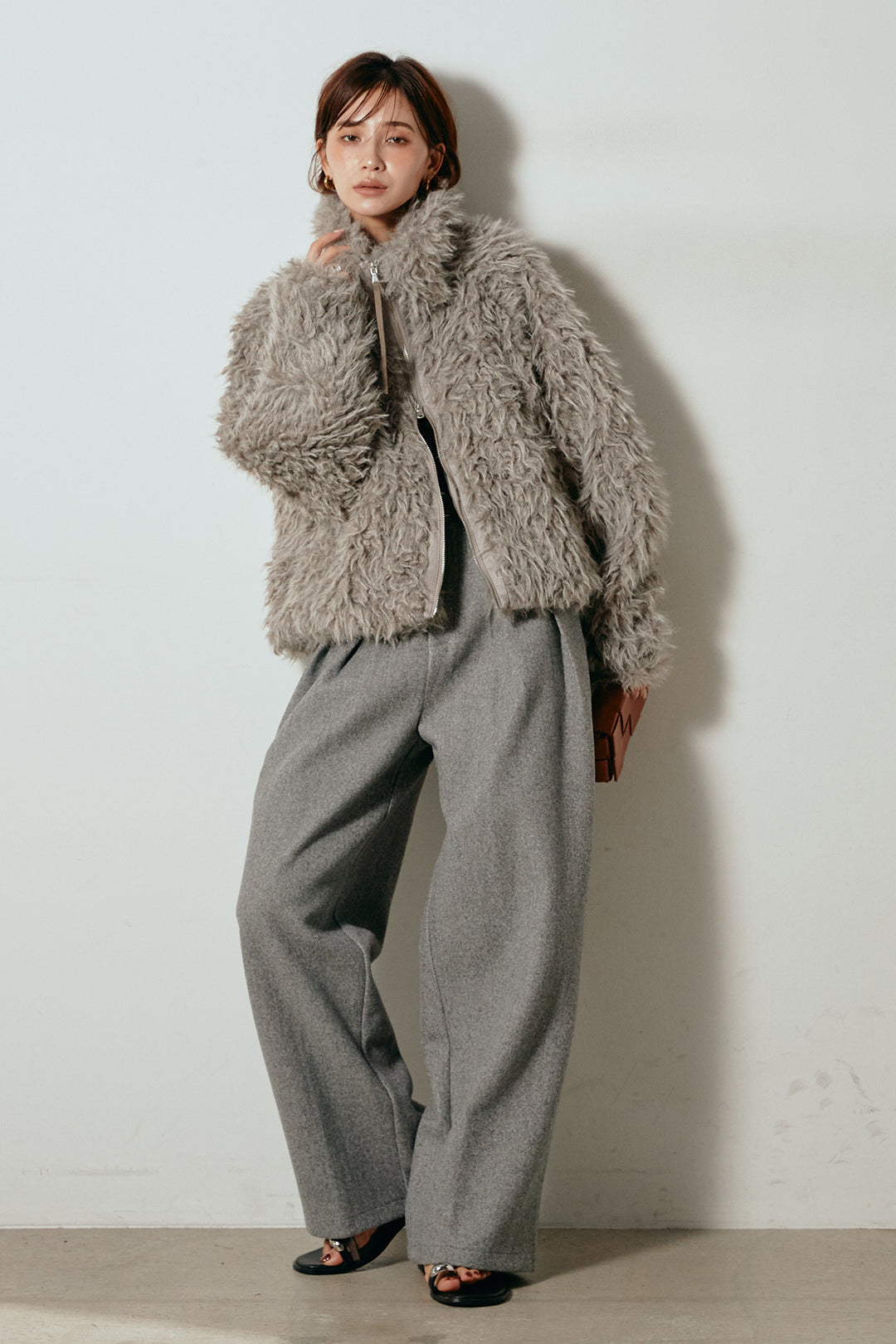 [SET]ミックスシープファースタンドブルゾン+フェイクウールタックトラウザーズパンツ(2set)