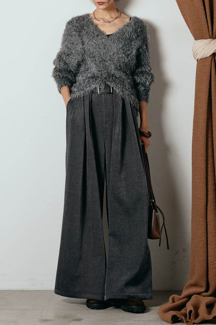 [SET]シャギークロスニットトップス+ベルトループコーデュロイワイドパンツ(2set)