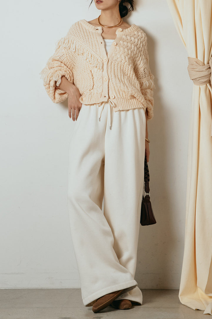 [SET]ランダムフリンジニットカーディガン+裏起毛スウェットワイドパンツ(2set)