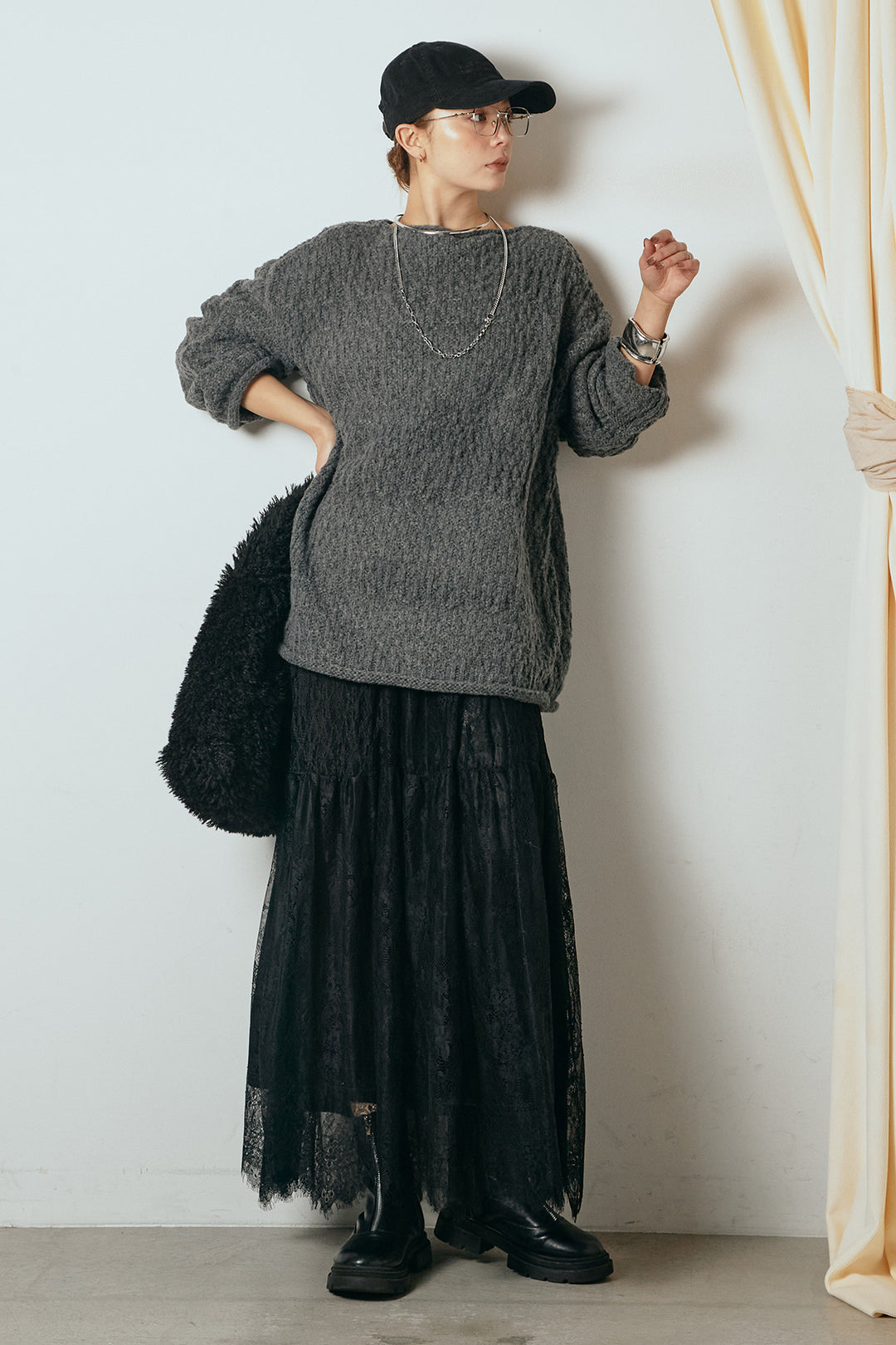 [SET]ボリューム編みニットプルオーバー+ひげレース切替ロング丈スカート(2set)