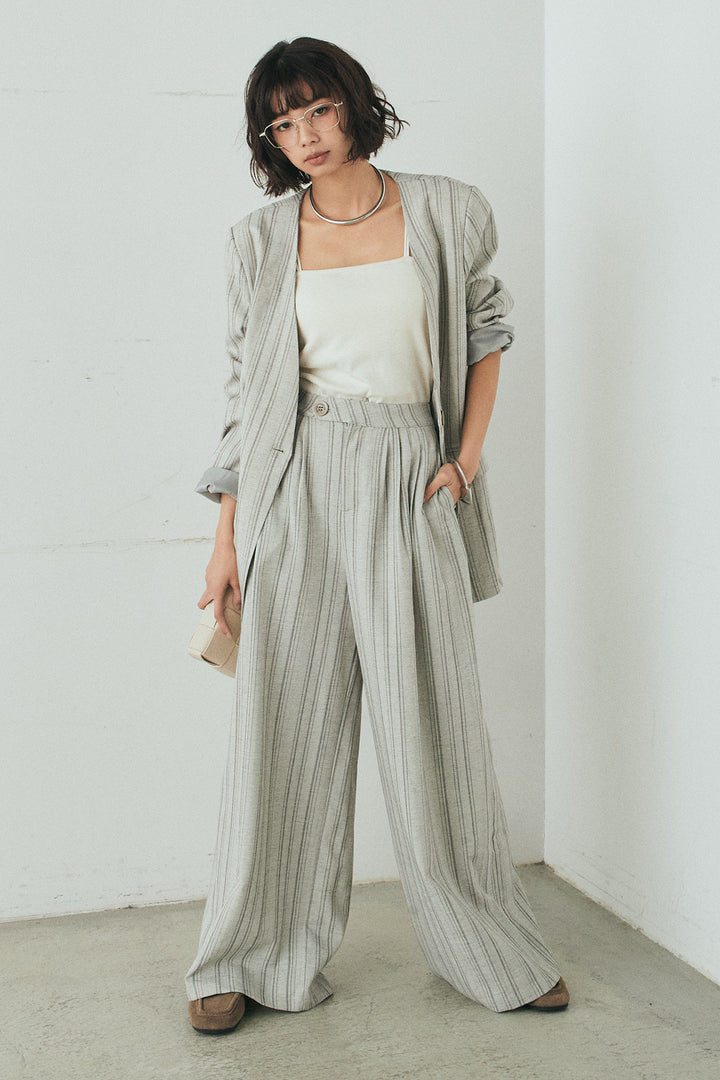 [SET]ノーカラーピンストライプジャケット+ピンストライプワイドスラックス(2set)